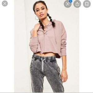 Misguided Purple/Pink Lace Up Cropped Hoodie